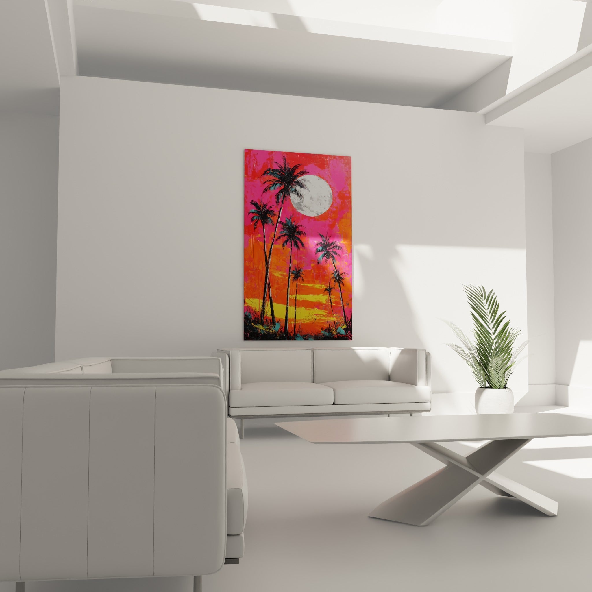 Feuillages turquoise et troncs noirs de palmiers contre un ciel rose, au-dessus d'un canapé dans un salon lumineux