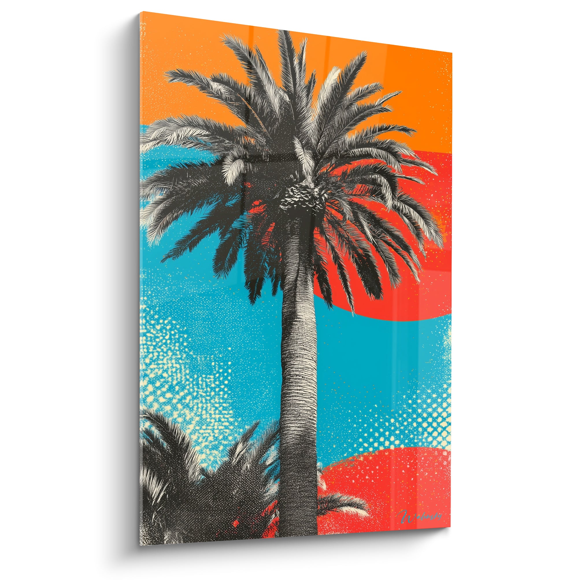 Palmier noir se détachant sur un fond orange vif et bleu turquoise sérigraphié