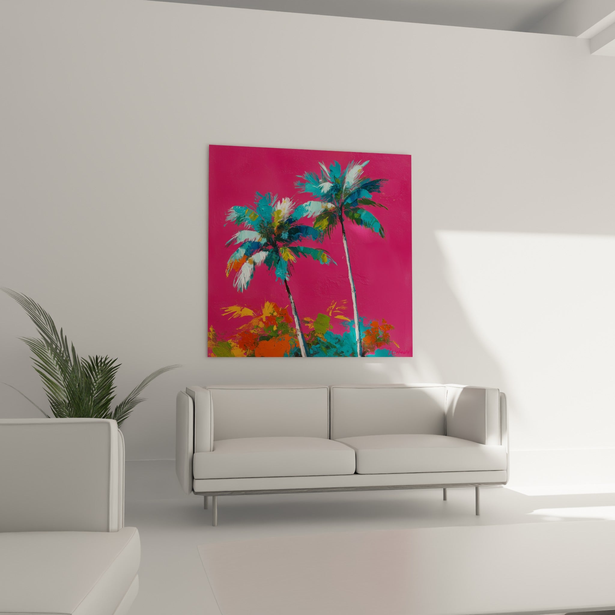 Silhouettes de palmiers bleu-vert contre un fond fuchsia intense, disposées au-dessus d'un canapé dans un salon lumineux