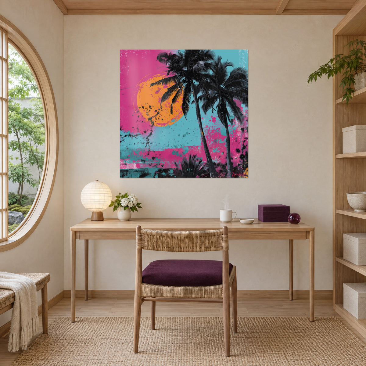 Cuadro de cocoteros gráficos en negro intenso, orbe naranja y tonos rosa fucsia y turquesa, colgado encima de un escritorio de madera clara
