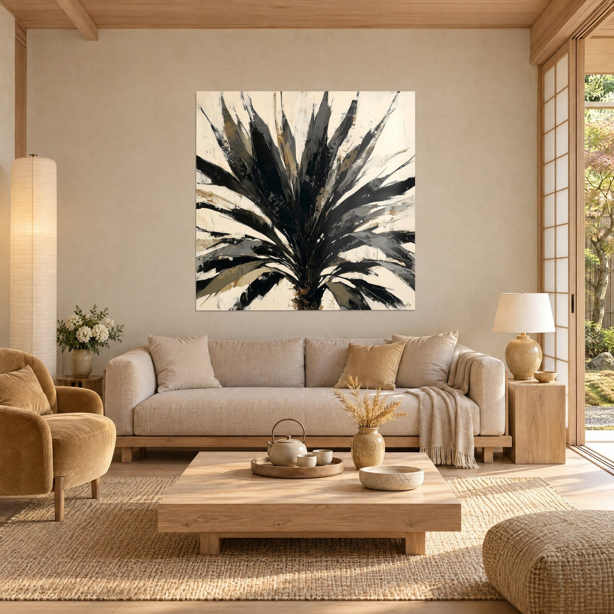 Gemälde Palme mit schwarzen und grauen, aufgefächerten Wedeln auf cremefarbenem Grund, über einem Sofa in einem hellen Wohnzimmer