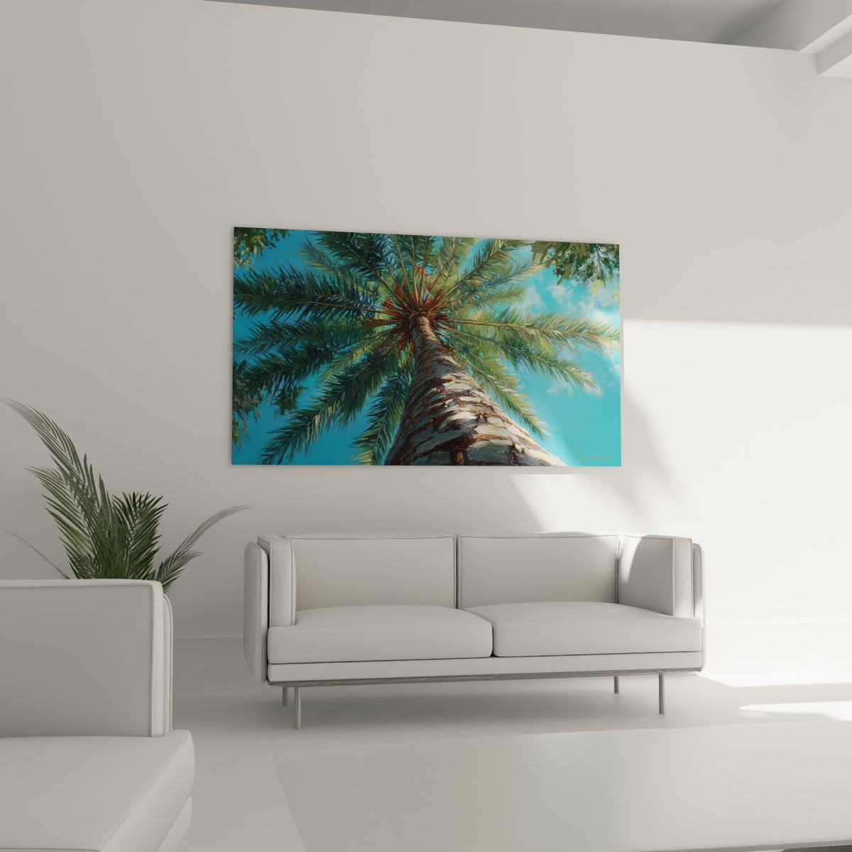 Palmes vertes et ciel bleu turquoise du tableau palmier, au-dessus d'un canapé dans un salon lumineux
