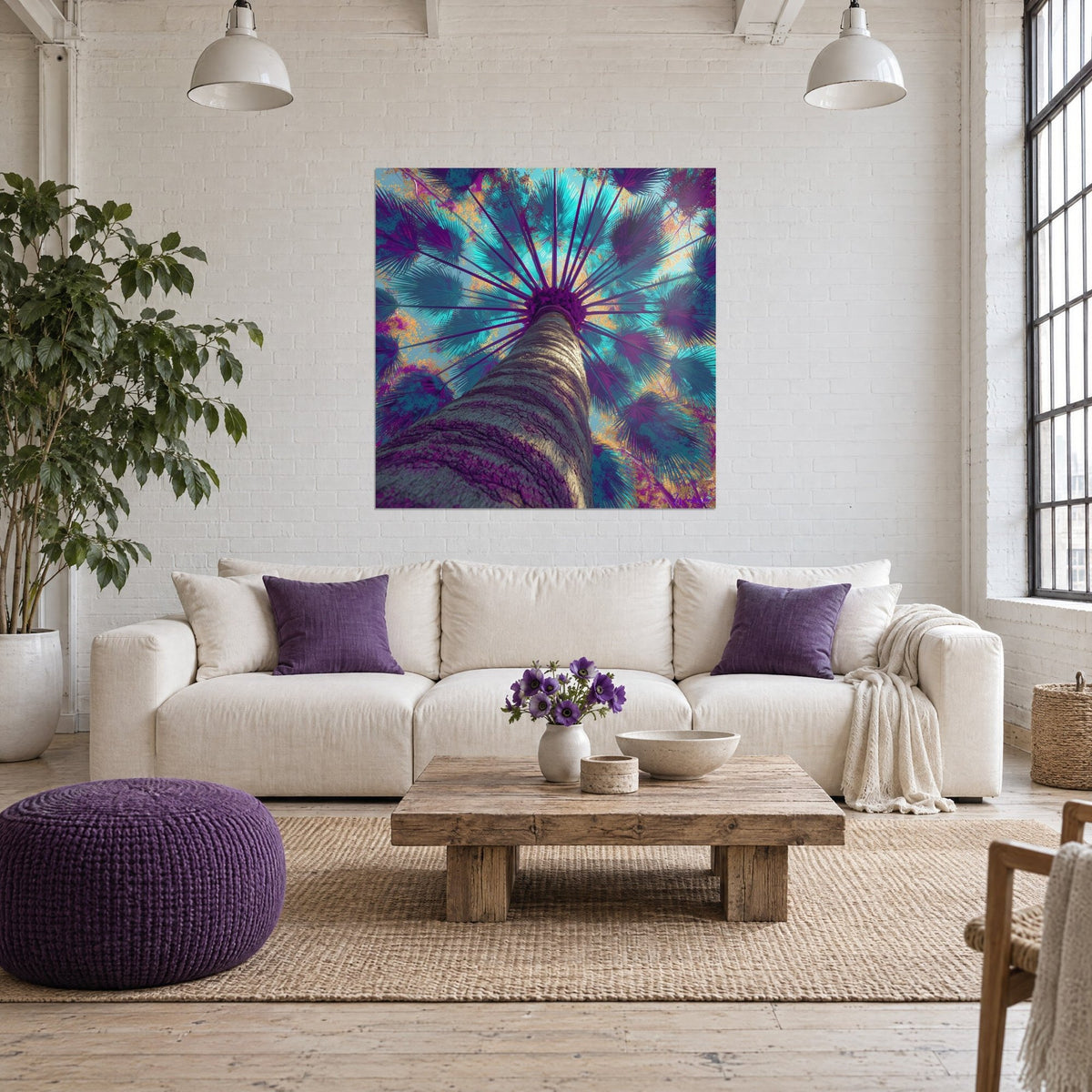 Gemälde Palme von unten gesehen, türkisfarbene und magentafarbene Wedel strahlenförmig, weiße Wand, über einem Sofa in einem hellen Wohnzimmer
