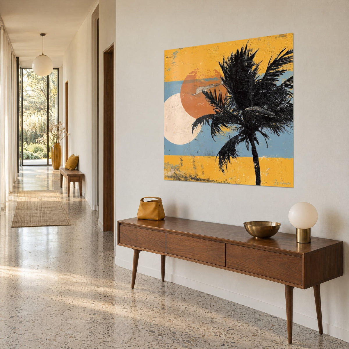 Wall art ebony palm tree silhouette, ochre sun and ivory moon on sky blue and saffron stripes, hung in a hallway above a sideboard