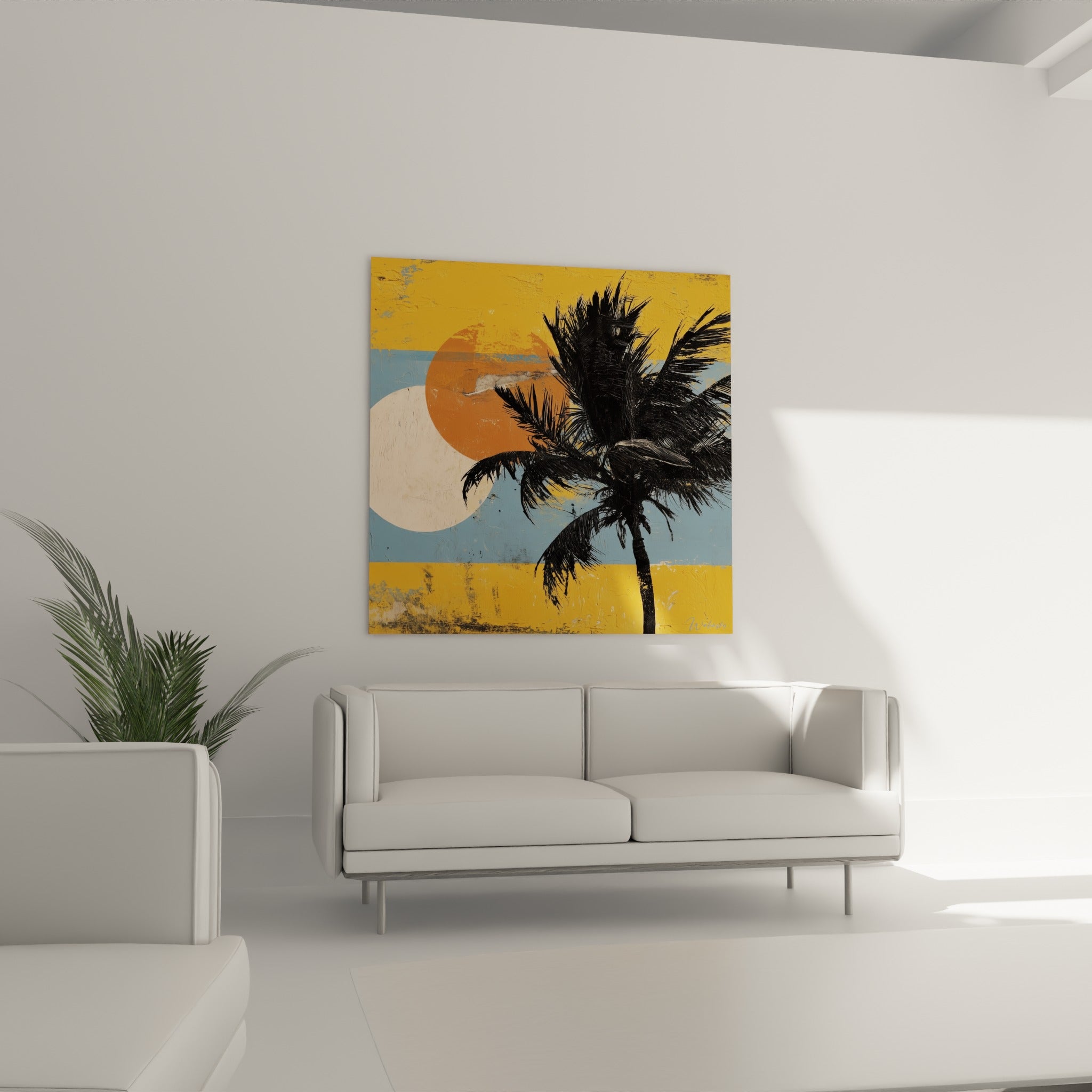 Palmes noires détaillées se déployant devant un cercle terracotta, au-dessus d'un canapé dans un salon lumineux