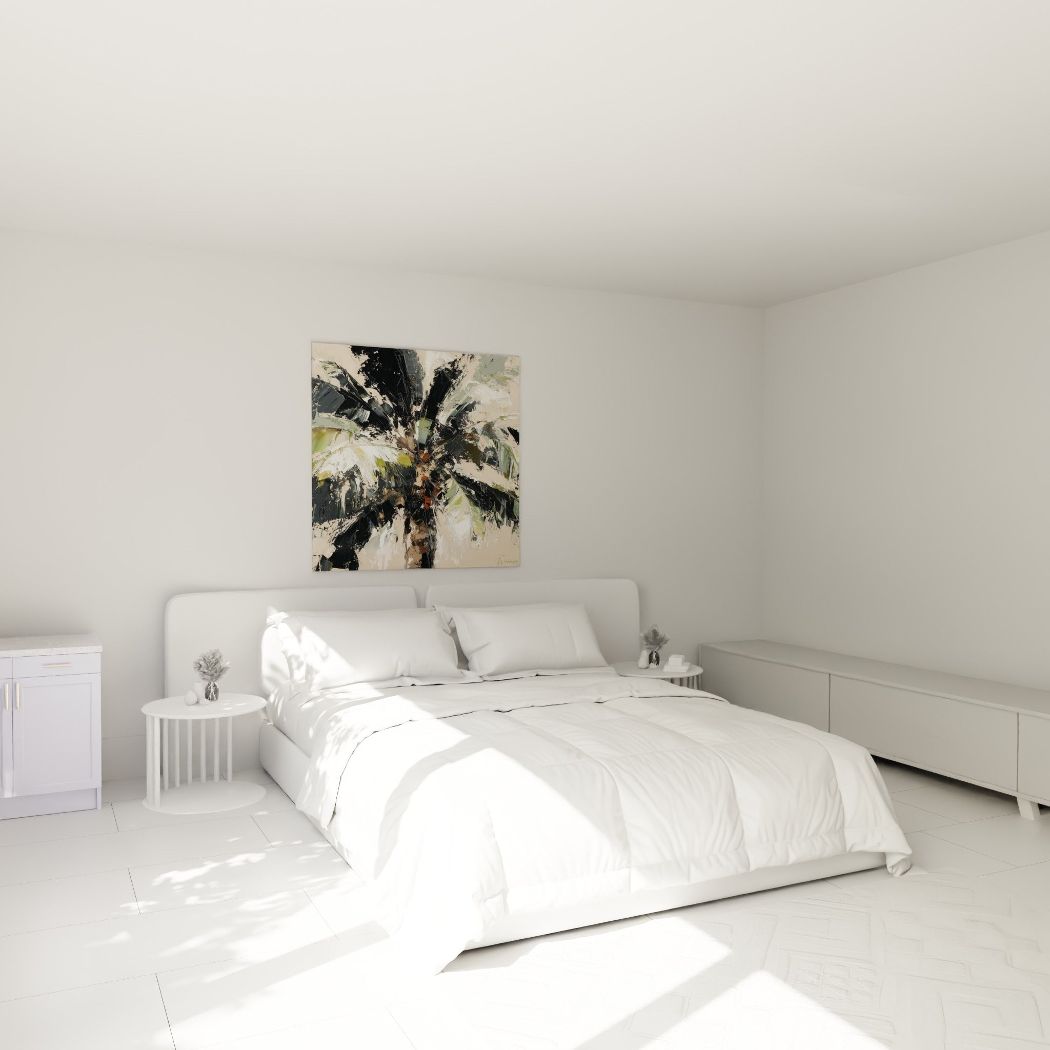 Palmes noires et vertes se déployant en éventail, accrochées au-dessus d'un lit dans une chambre claire
