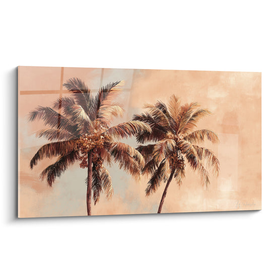 Palmiers aux teintes pêche et anthracite, feuillages déployés sur fond brumeux terracotta