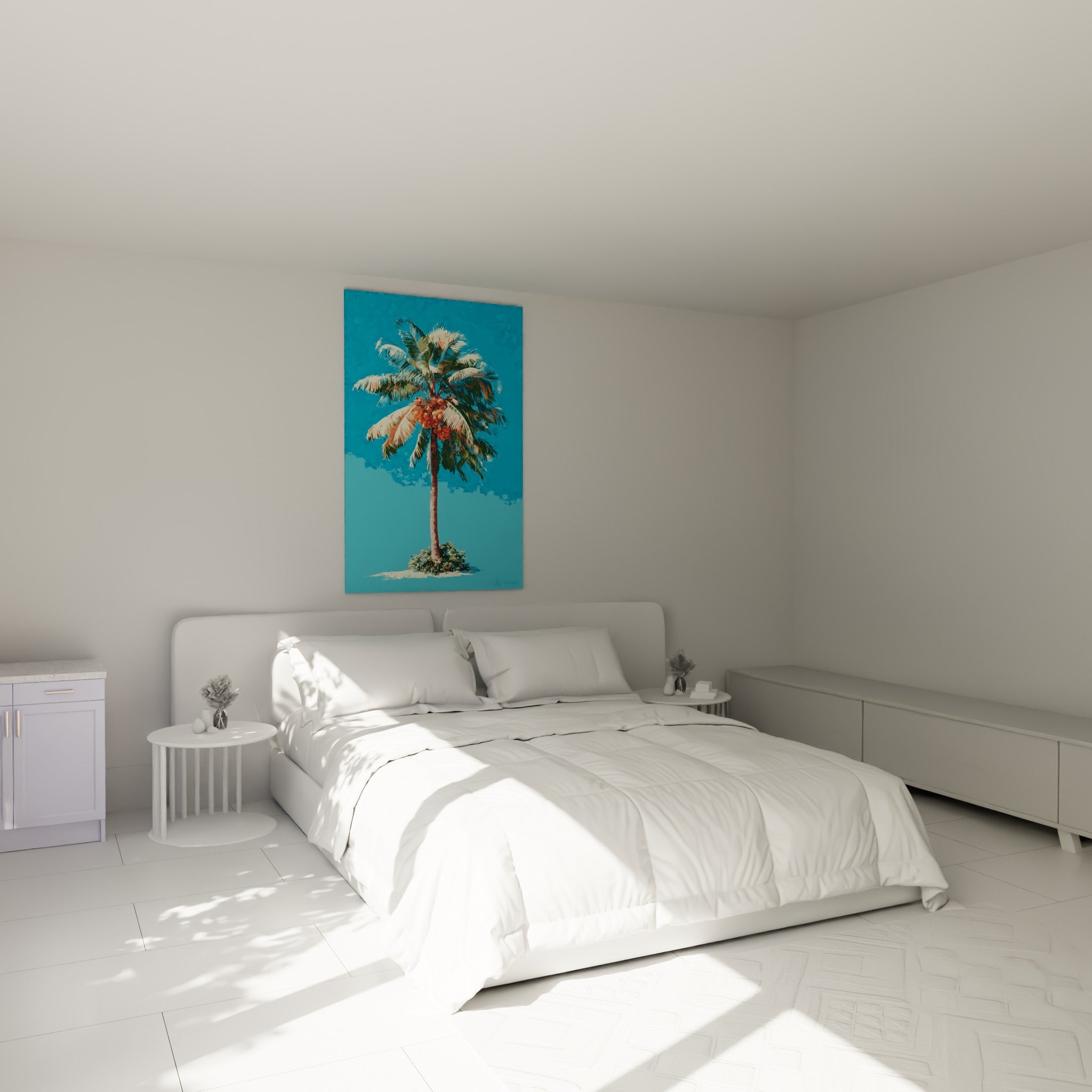 Palmier chargé de coco corail sur fond bleu, accroché au-dessus d'un lit dans une chambre claire