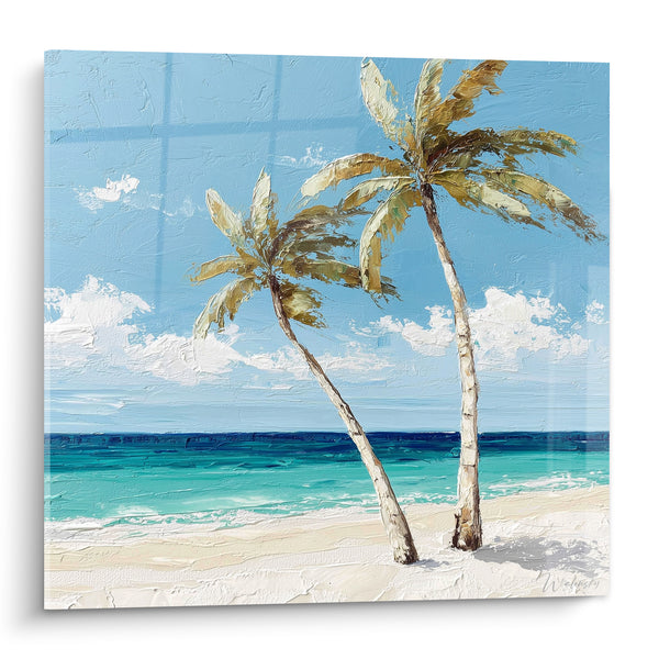 Tableau Cocotiers troncs blancs entrelacés sur plage turquoise - Écume et nuages - Edition Palmier