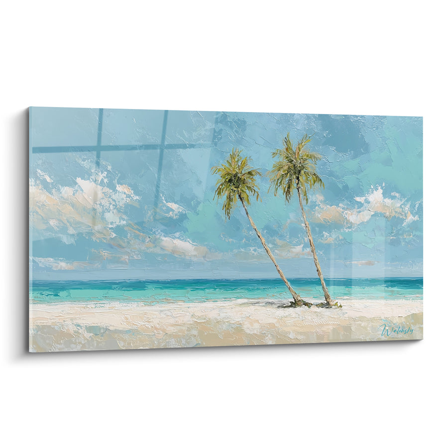 Tableau Cocotiers beige et turquoise inclinés vers l'horizon - Plage de sable blanc - Edition Palmier