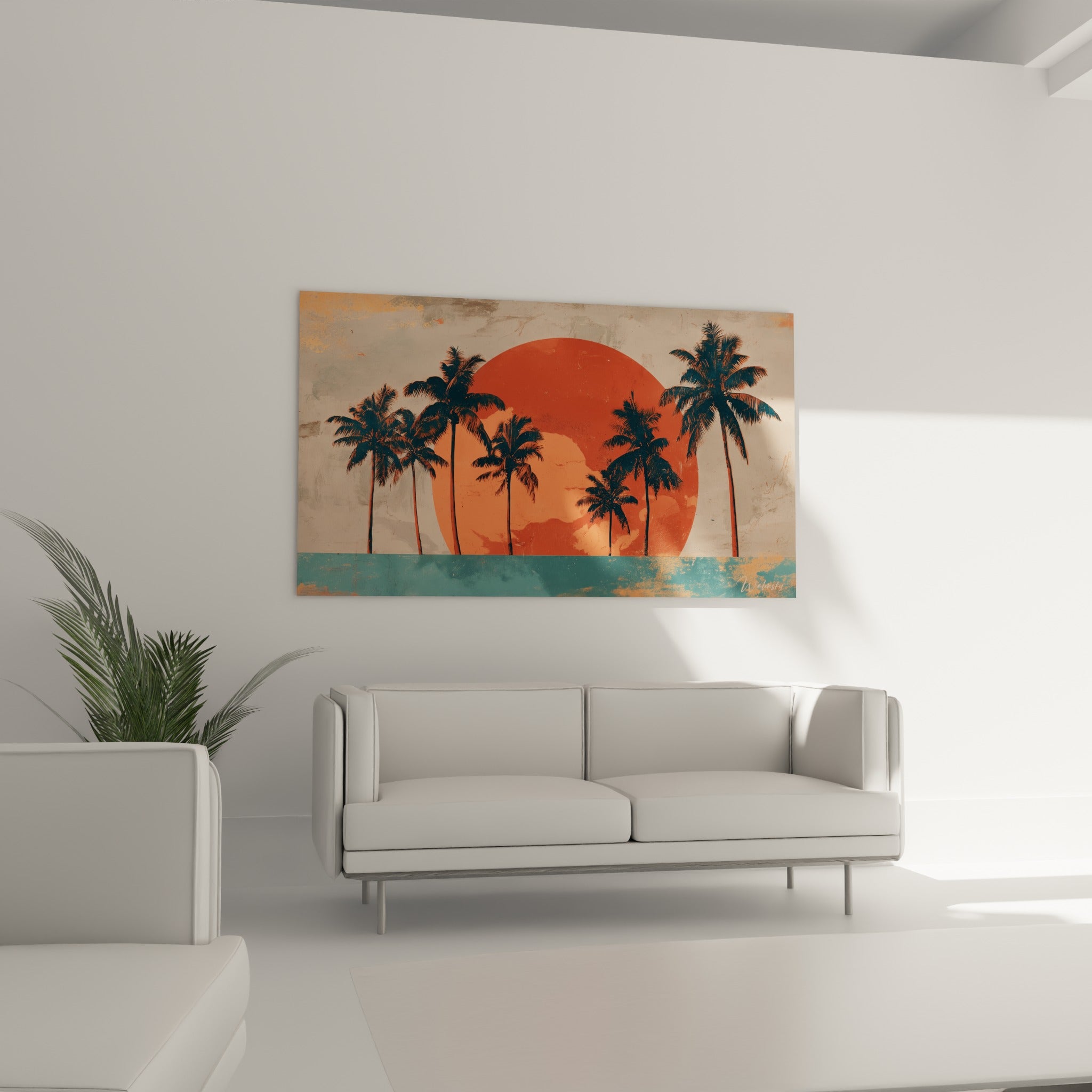 Rangée de palmiers sombres sur fond bleu sarcelle au-dessus d'un canapé dans un salon lumineux