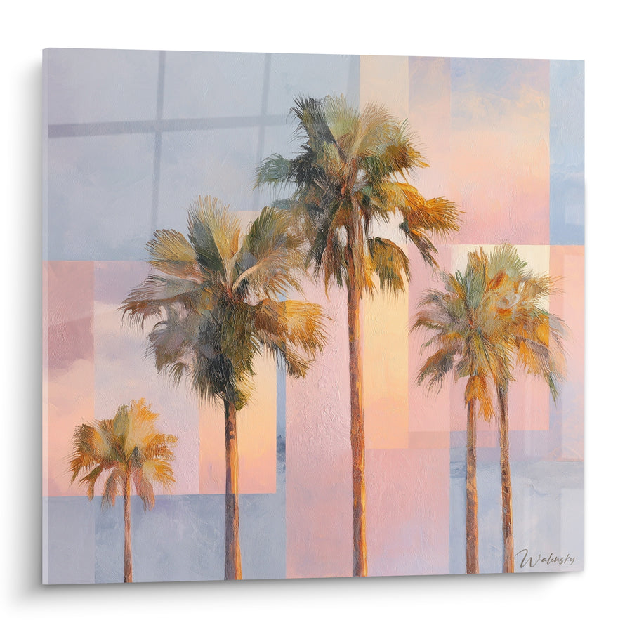 Tableau Palmiers dorés sur fond rose et bleu - Douceur californienne - Edition Palmier