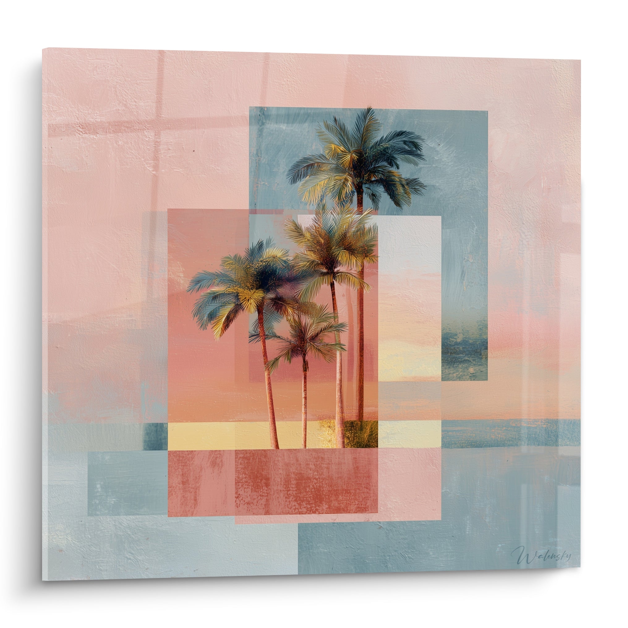 Palmiers dorés et rose poudré en collage géométrique évoquant un coucher de soleil tropical