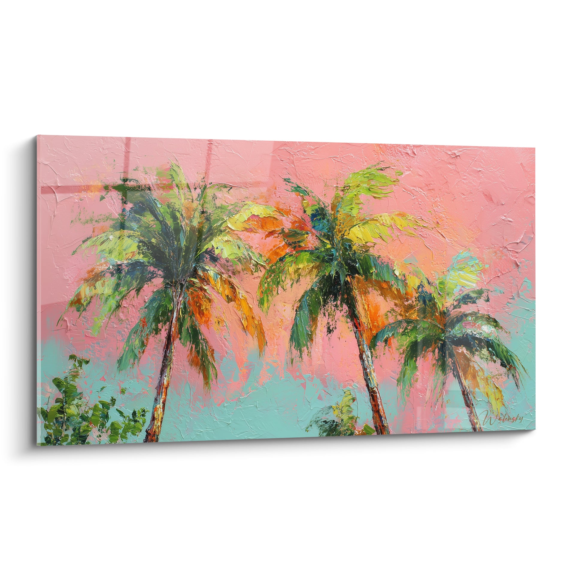 Trois palmiers verts se balancent sur fond rose corail et turquoise, peinture texturée au couteau
