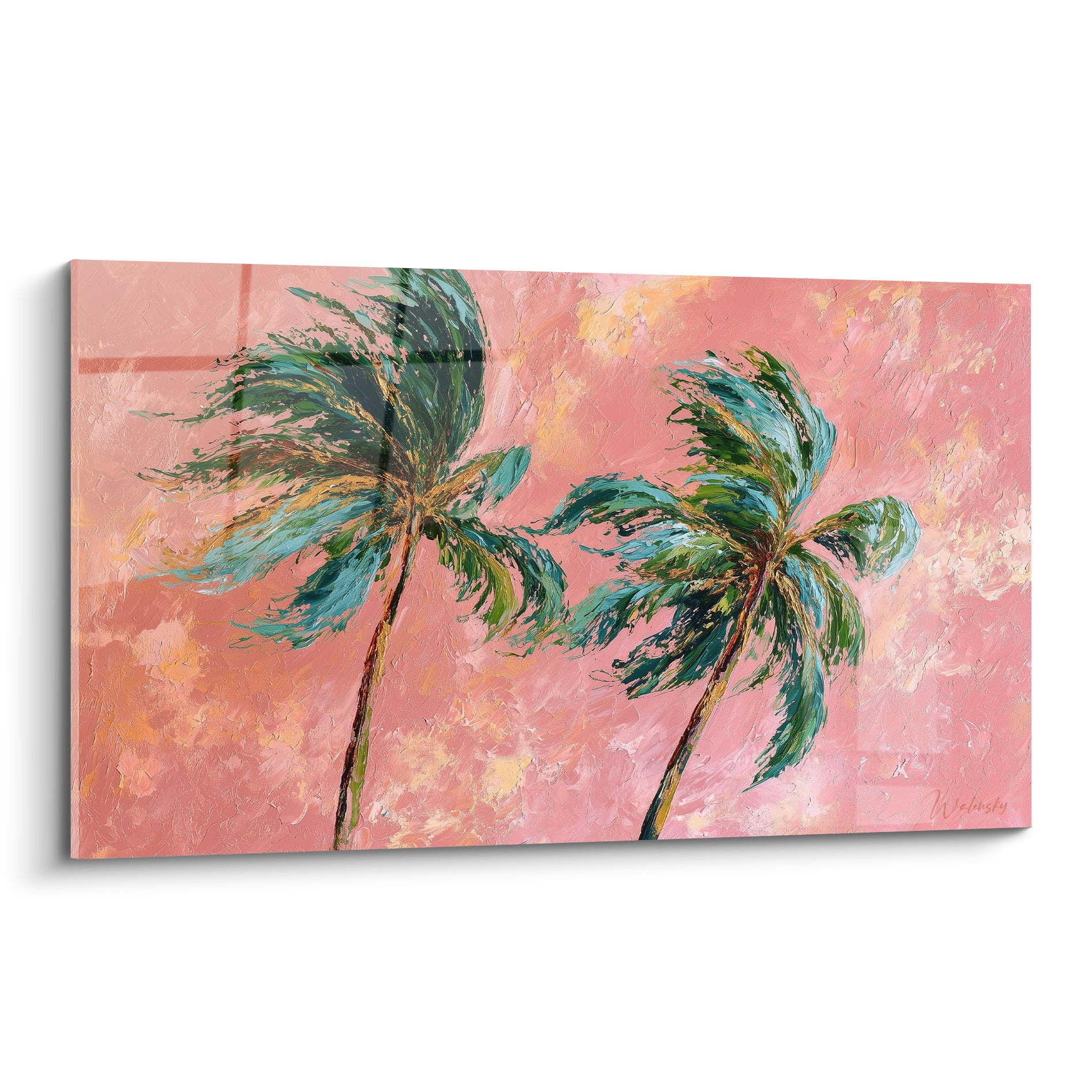 Palmiers verts et turquoise agités par le vent sur fond rose corail texturé, style peinture au couteau
