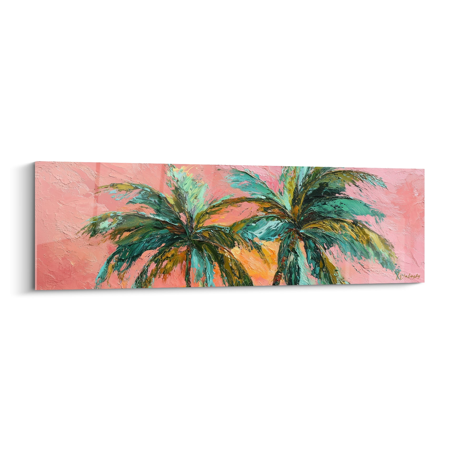 Deux palmiers vert émeraude et turquoise se déploient sur un fond rose corail texturé au couteau