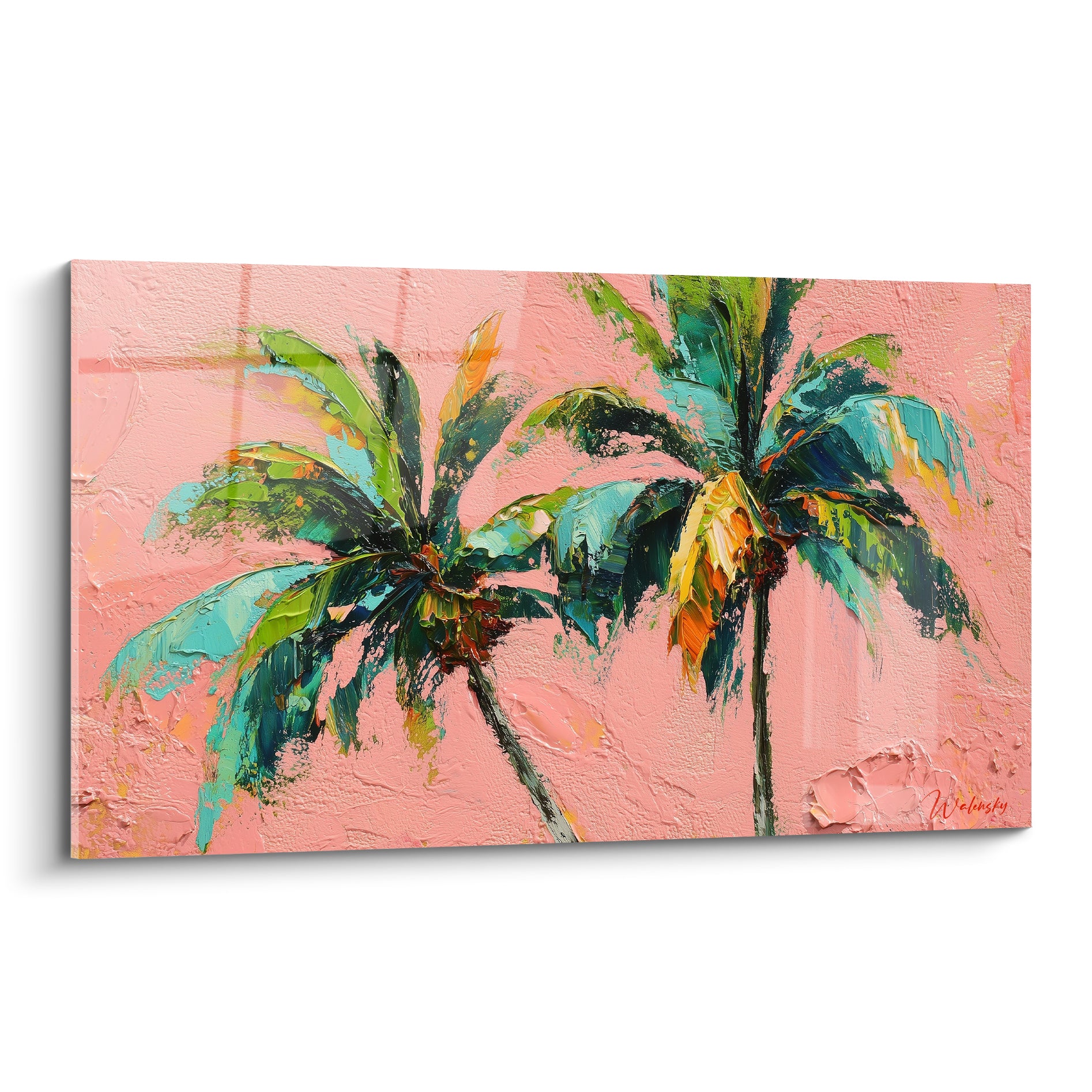 Palmiers vert émeraude et turquoise peints en relief sur fond rose corail texturé