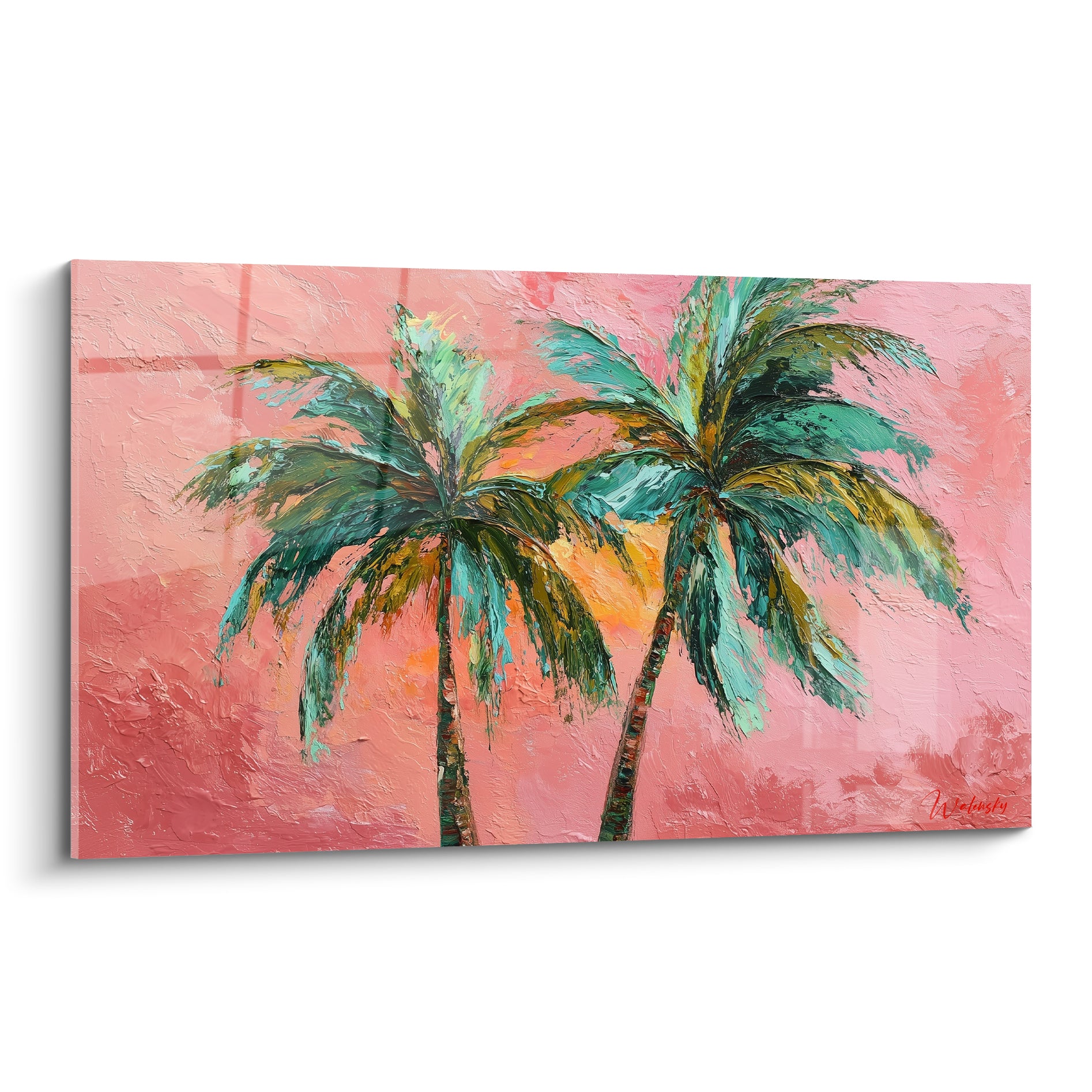 Palmier double aux palmes vert émeraude et fond rose corail texturé au couteau, ciel de coucher de soleil.