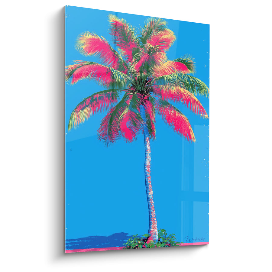 Tableau Palmier tronc bleu et blanc aux palmes fuchsia sur ciel azur - Buisson au pied du tronc - Edition Palmier