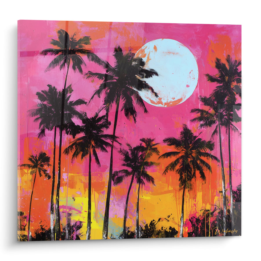 Tableau Palmiers noirs rose et orange sous une lune blanche - Crépuscule tropical - Edition Palmier