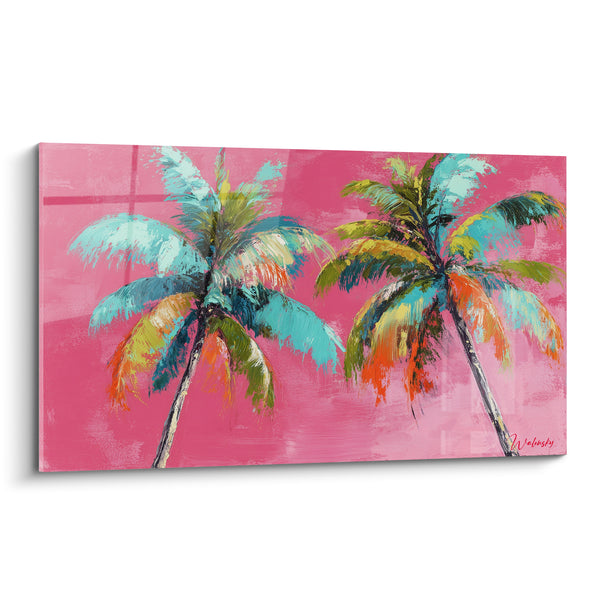 Tableau Palmiers turquoise et orange sur fond fuchsia - Troncs blanc et noir striés - Edition Palmier