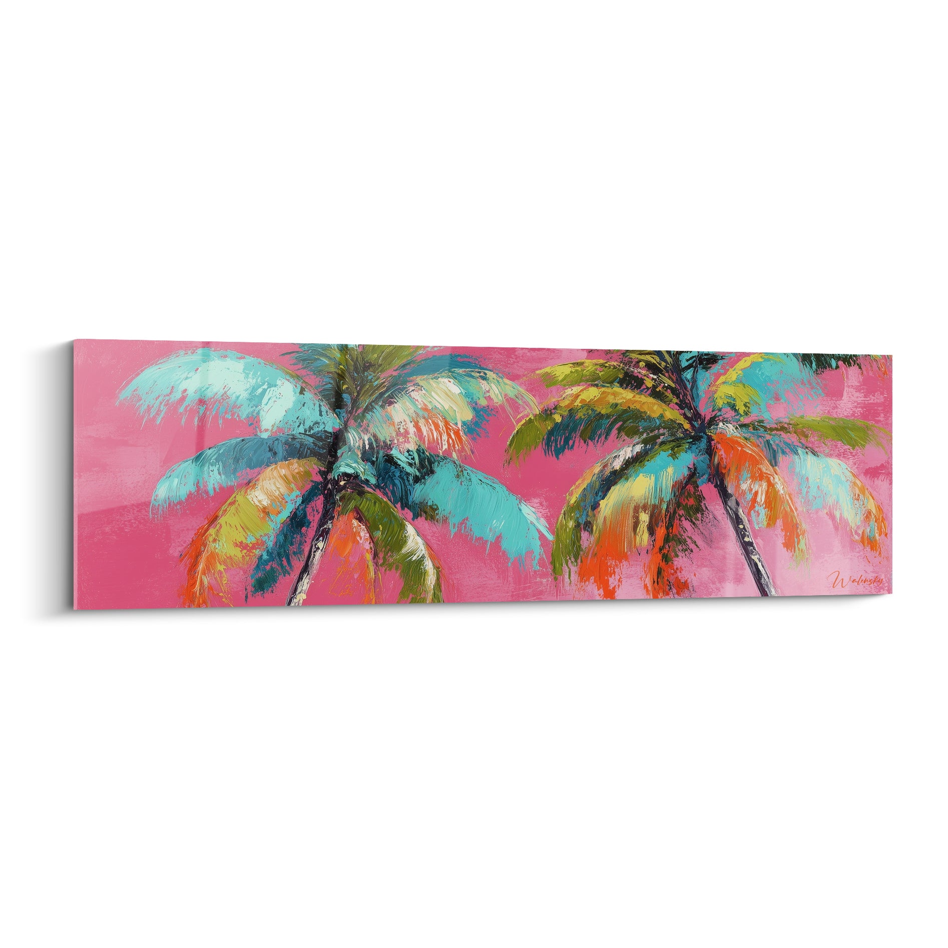 Palmiers turquoise et orangés se déploient sur un fond rose fuchsia vibrant, peinture gestuelle