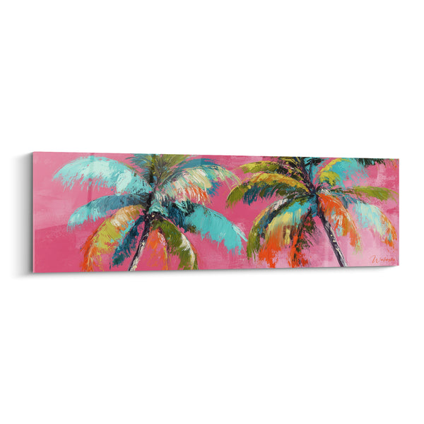 Tableau Palmiers turquoise et orange sur fond fuchsia - Palmes multicolores éclatées - Edition Palmier