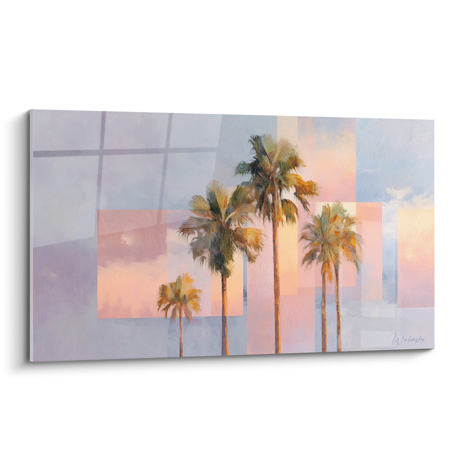 Tableau Palmiers roses et lavande au coucher du soleil - Douceur du crépuscule - Edition Palmier