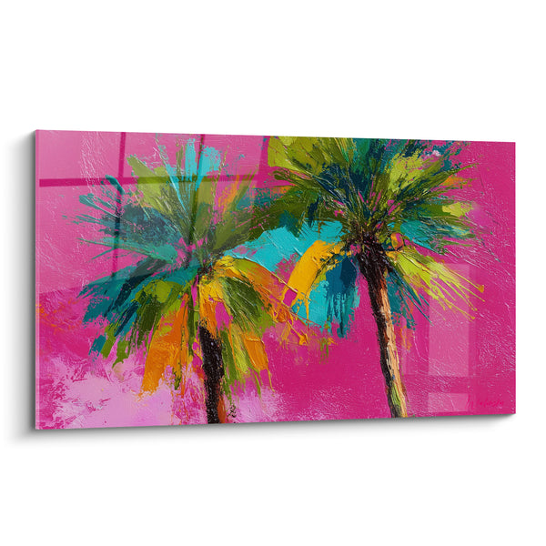 Tableau Palmiers vert et fuchsia deux troncs entrelacés - Touches de turquoise vive - Edition Palmier