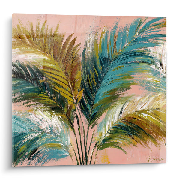 Tableau Feuilles turquoise et dorées sur fond corail - Tiges entrelacées verticales - Edition Palmier