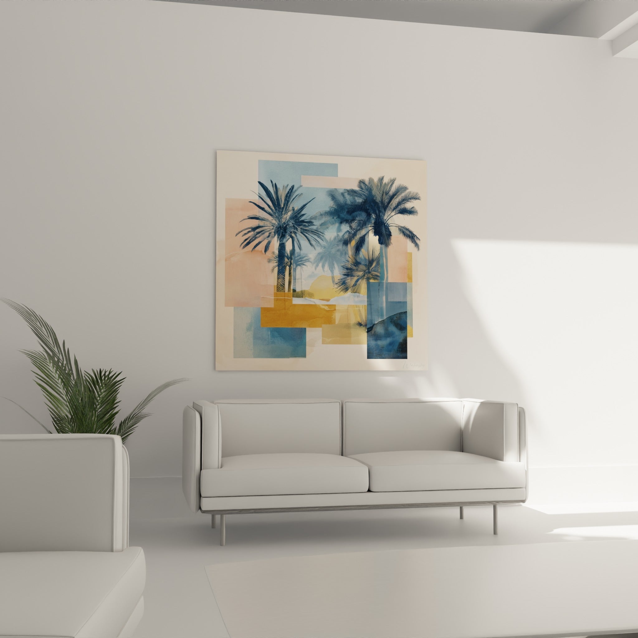 Feuillages bleu marine et blocs colorés roses et dorés disposés au-dessus d'un canapé dans un salon lumineux