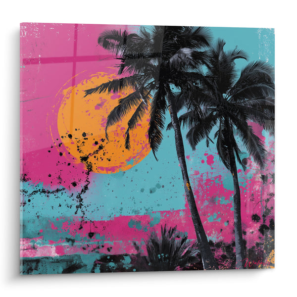 Tableau Palmiers noirs rose fuchsia et turquoise éclaboussé - Soleil orange orbe - Edition Palmier