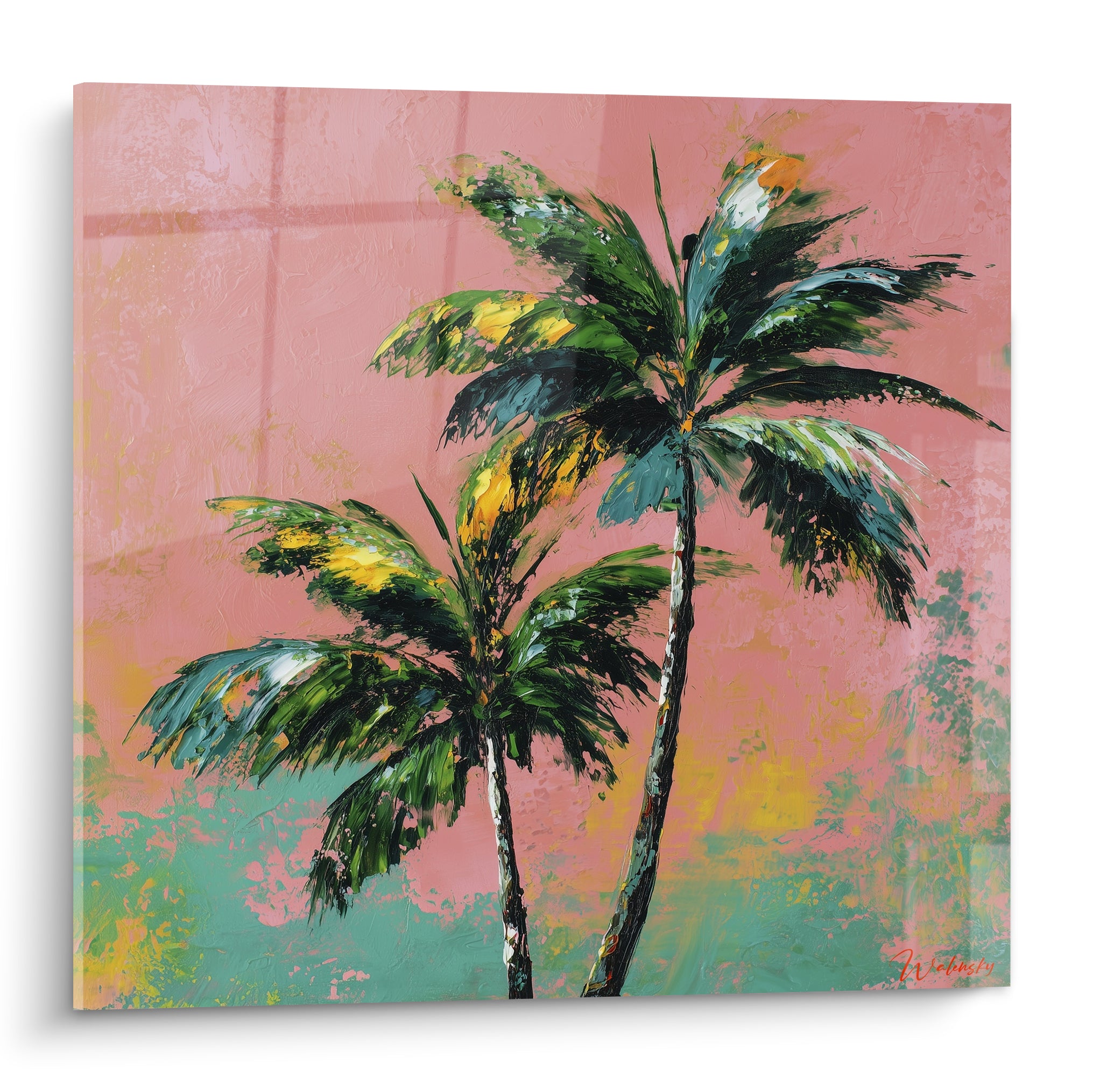 Palmier vert émeraude et rose poudré peint au couteau, feuillages texturés sur fond tropical