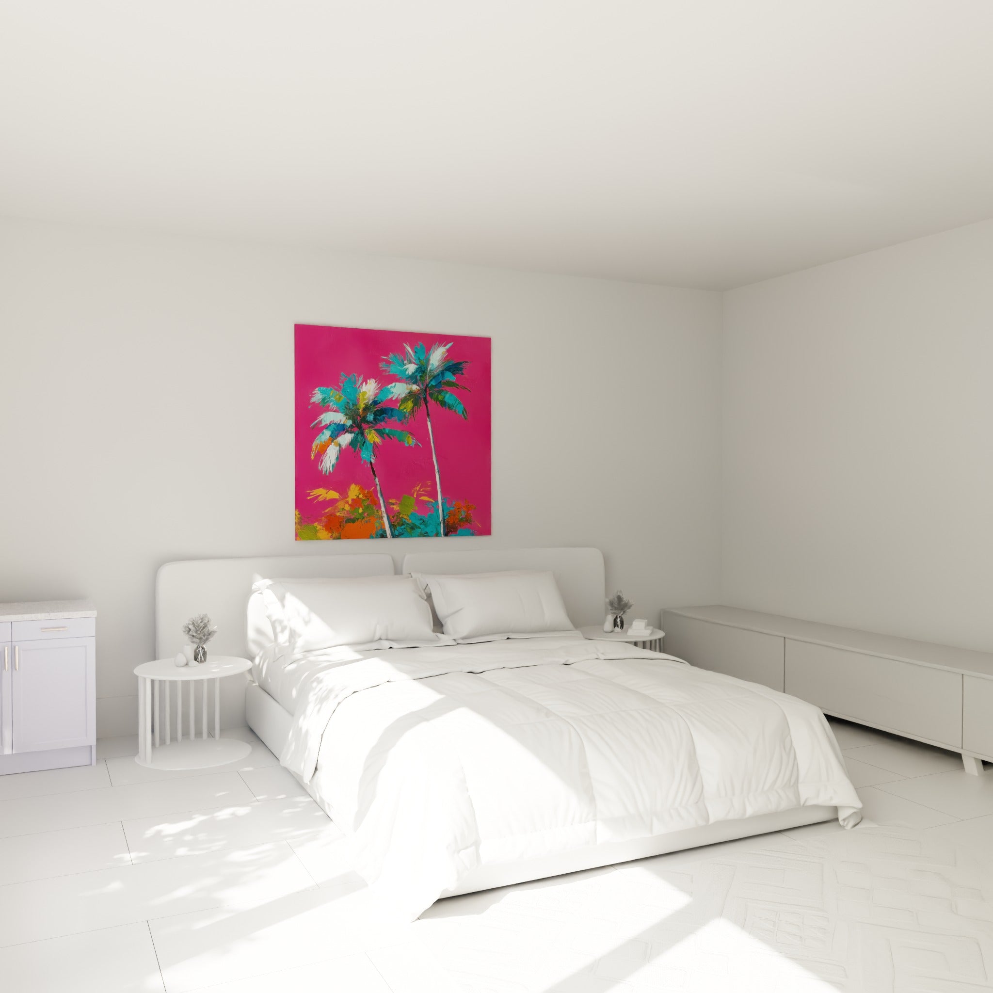 Palmiers turquoise et orange se dressant sur fond rose vif, accrochés au-dessus d'un lit dans une chambre claire