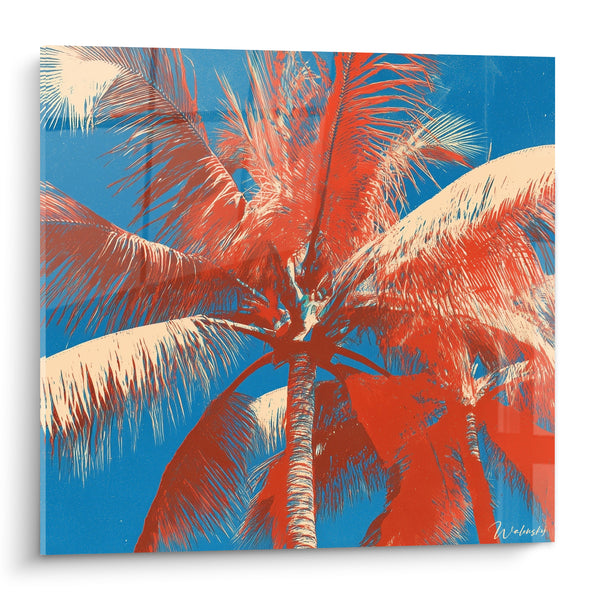 Tableau Palmier rouge et bleu vu du sol vers la cime - Effet sérigraphie vintage - Edition Palmier