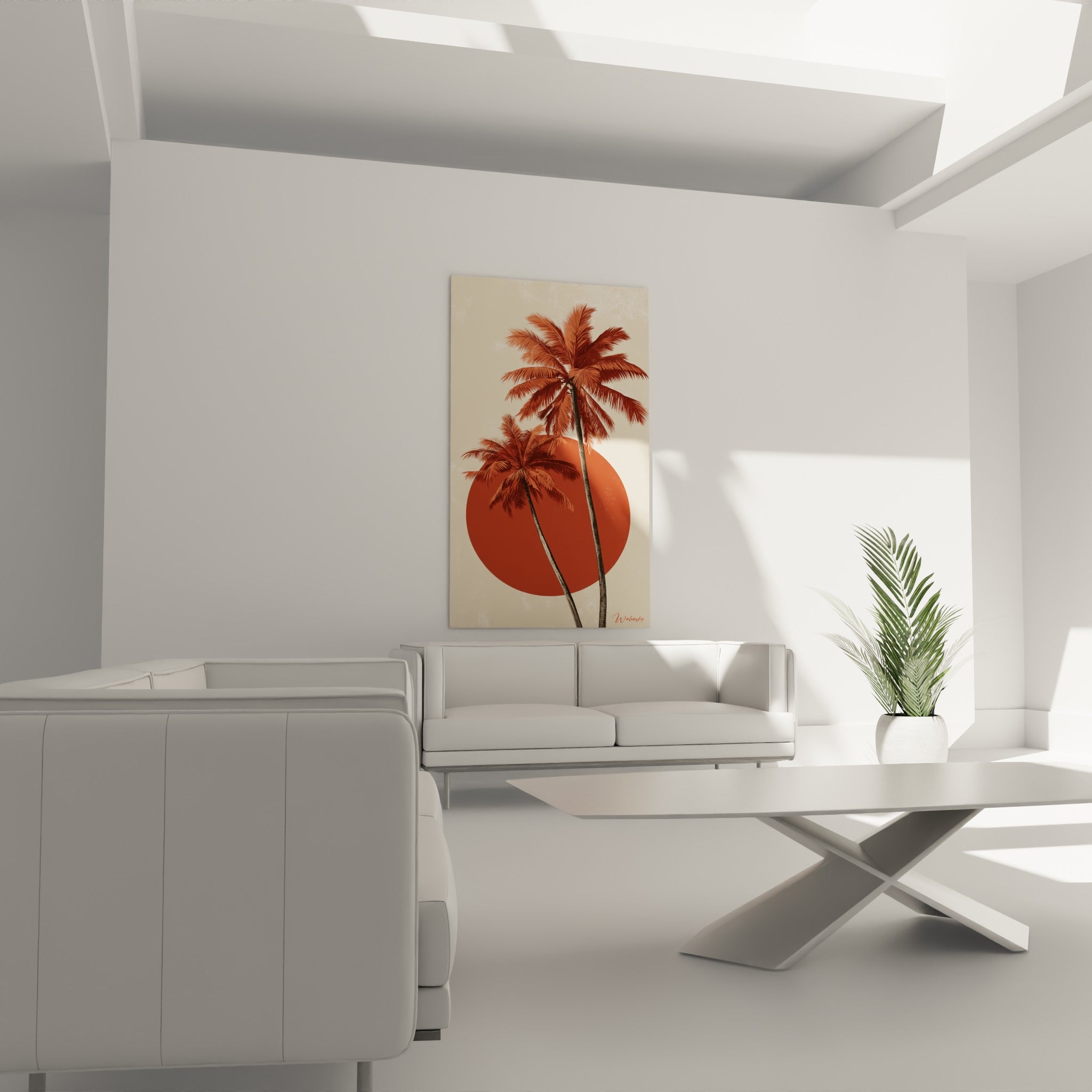 Deux palmiers aux teintes rouille et terracotta devant un soleil rond, au-dessus d'un canapé dans un salon lumineux