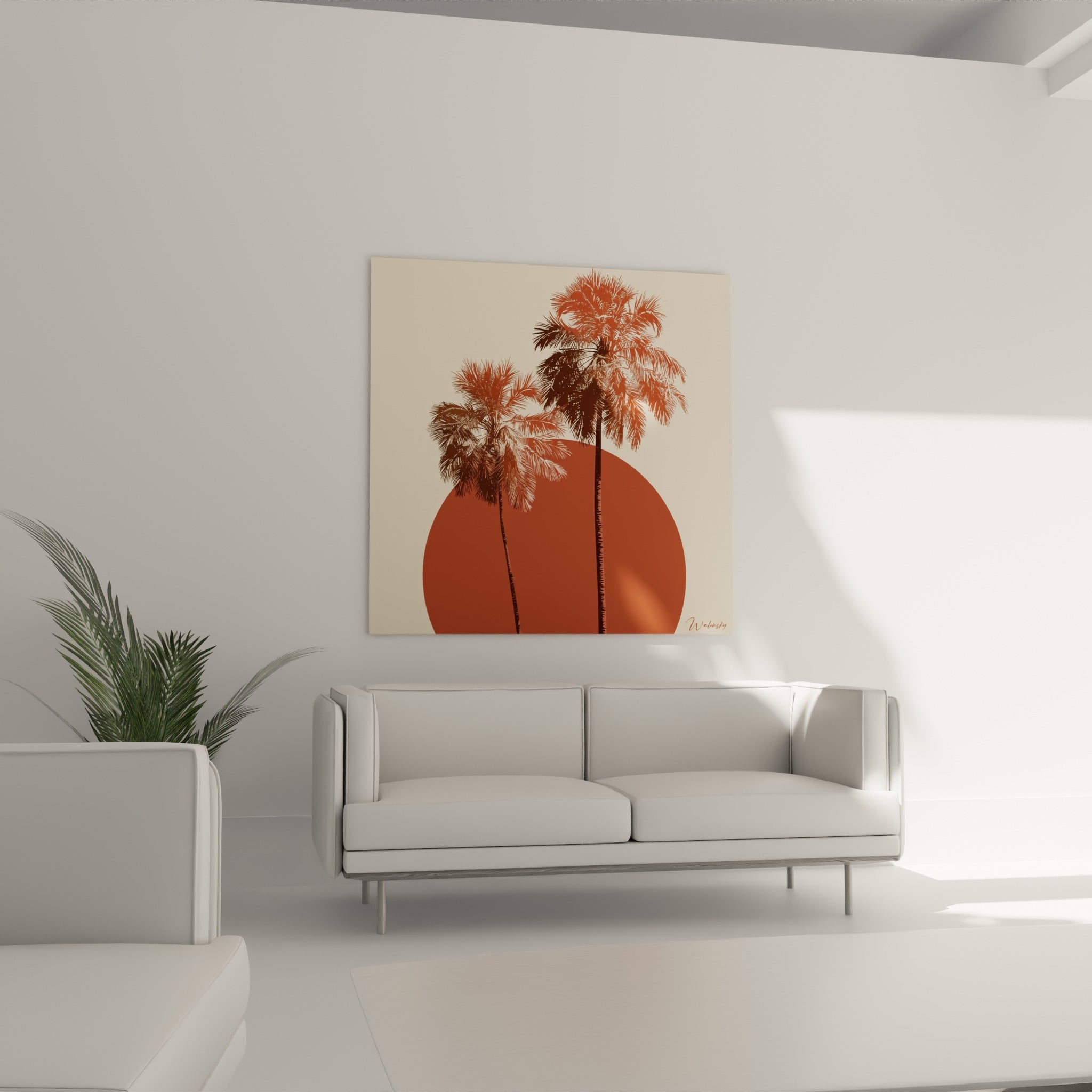 Palmiers stylisés en camaïeu terracotta et chocolat, au-dessus d'un canapé dans un salon lumineux