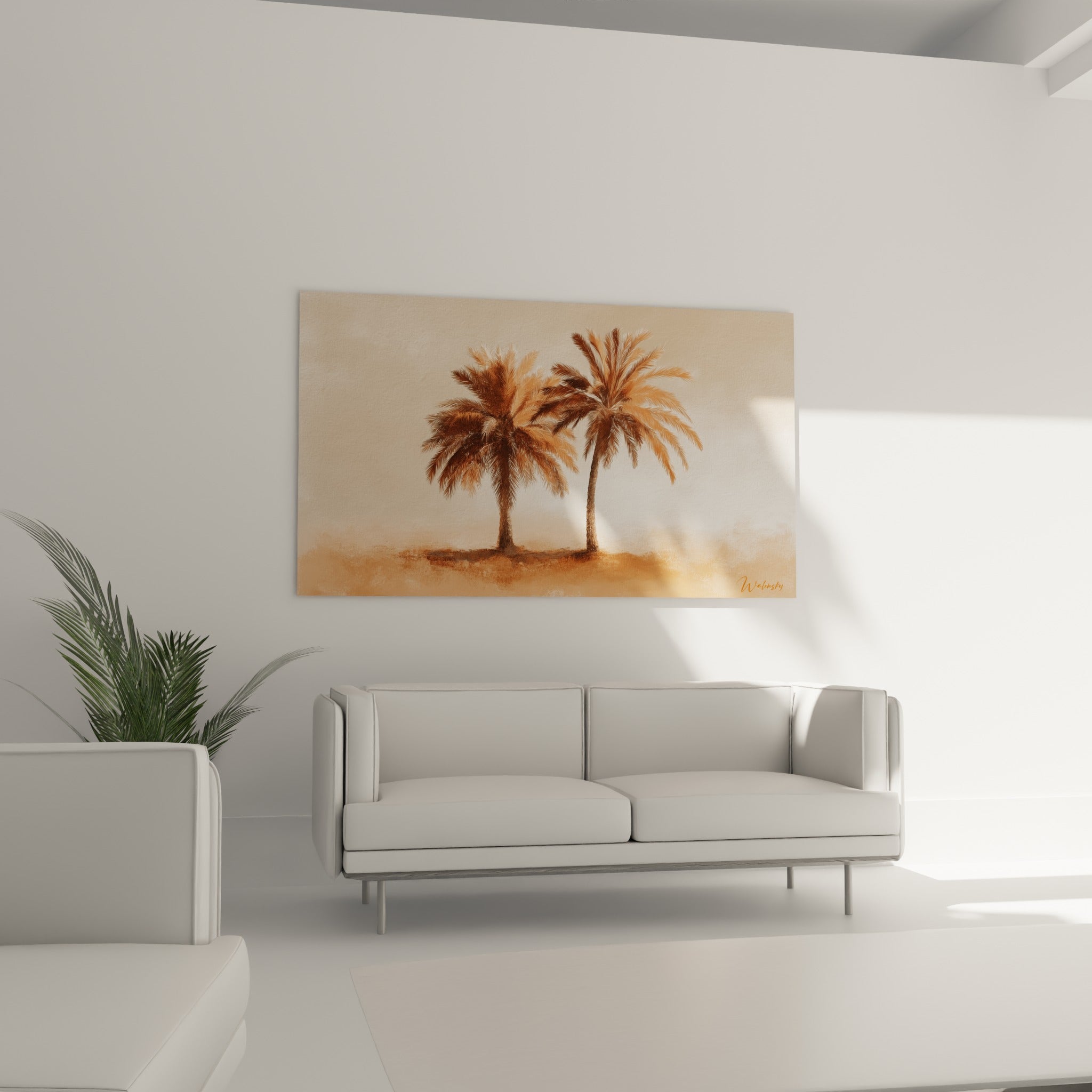 Duo de palmiers terracotta et sable pâle disposé au-dessus d'un canapé dans un salon lumineux