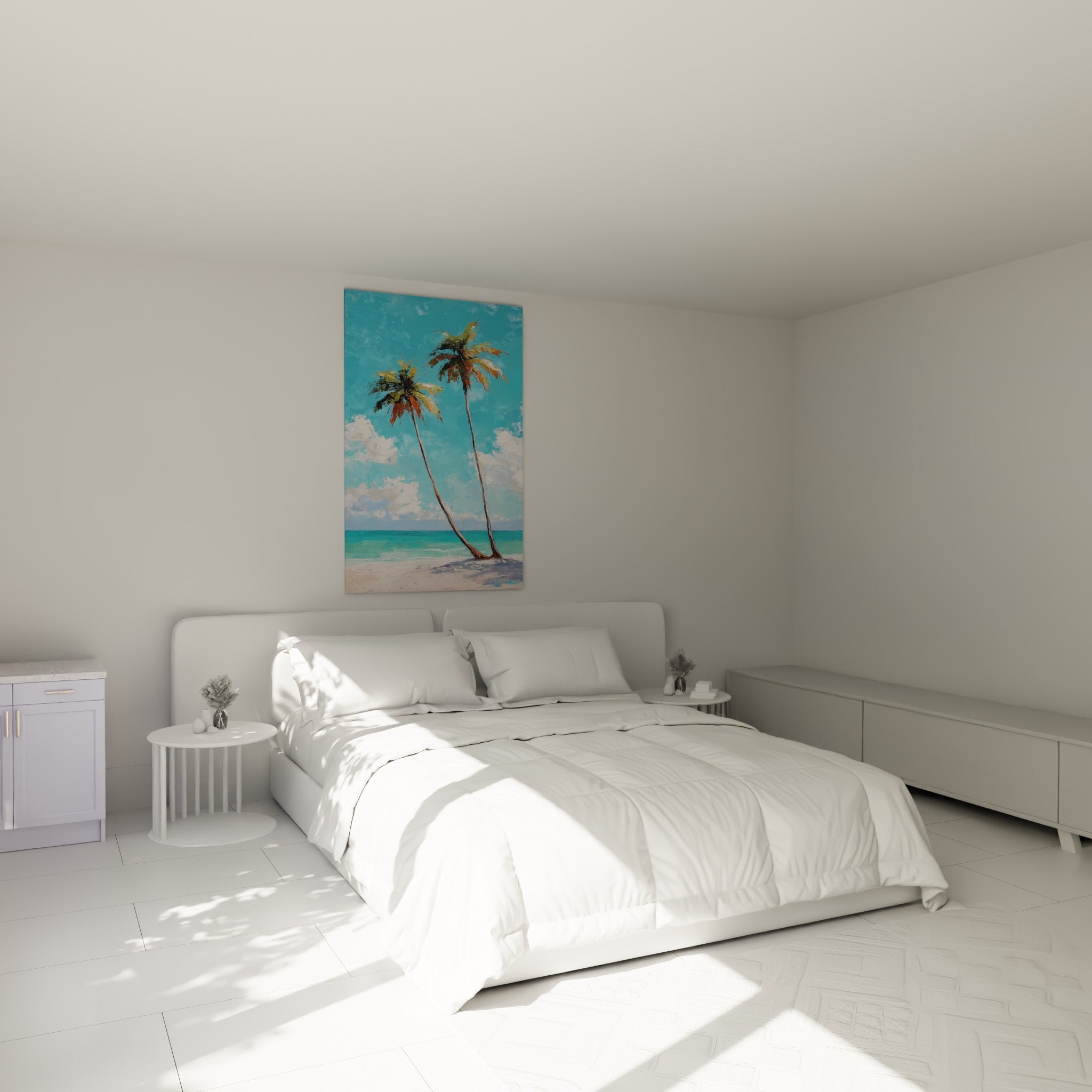Palmiers turquoise et sable penchés l'un vers l'autre, accrochés au-dessus d'un lit dans une chambre claire