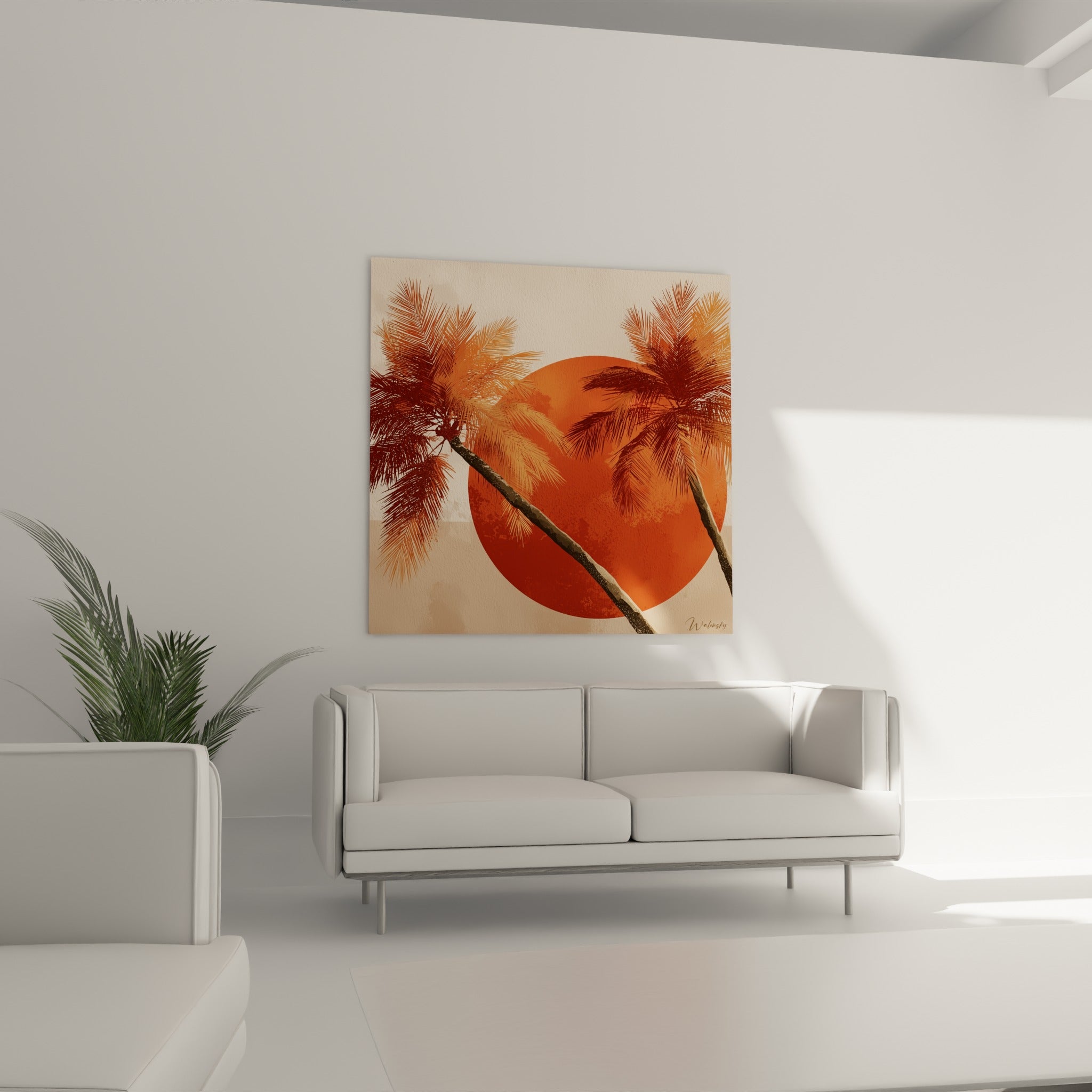 Silhouettes de palmiers orangés et soleil terracotta accrochées au-dessus d'un canapé dans un salon lumineux