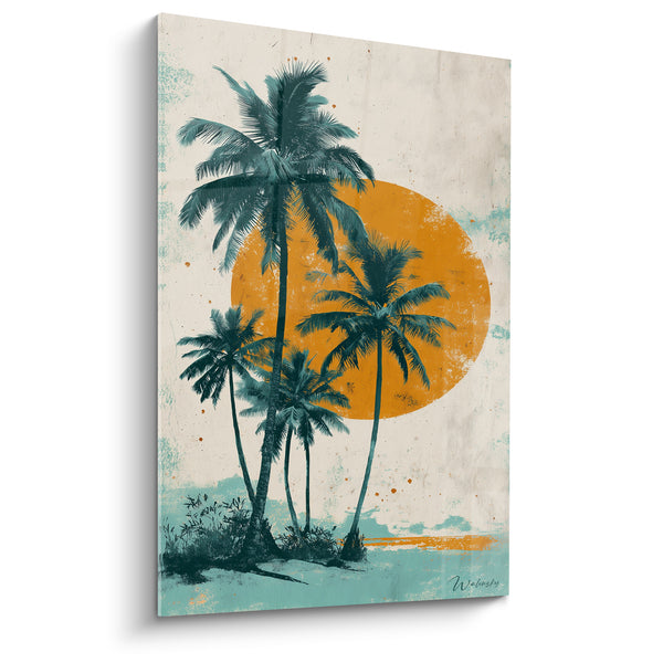 Tableau Cinq palmiers sarcelle devant un disque orange sur fond crème éclaboussé - Îlot de sable clair - Edition Palmier