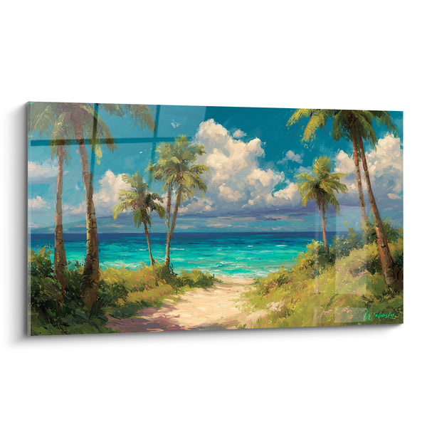 Tableau Palmiers verts et bleu turquoise bordant un sentier sablonneux - Nuages blancs cotonneux - Edition Palmier