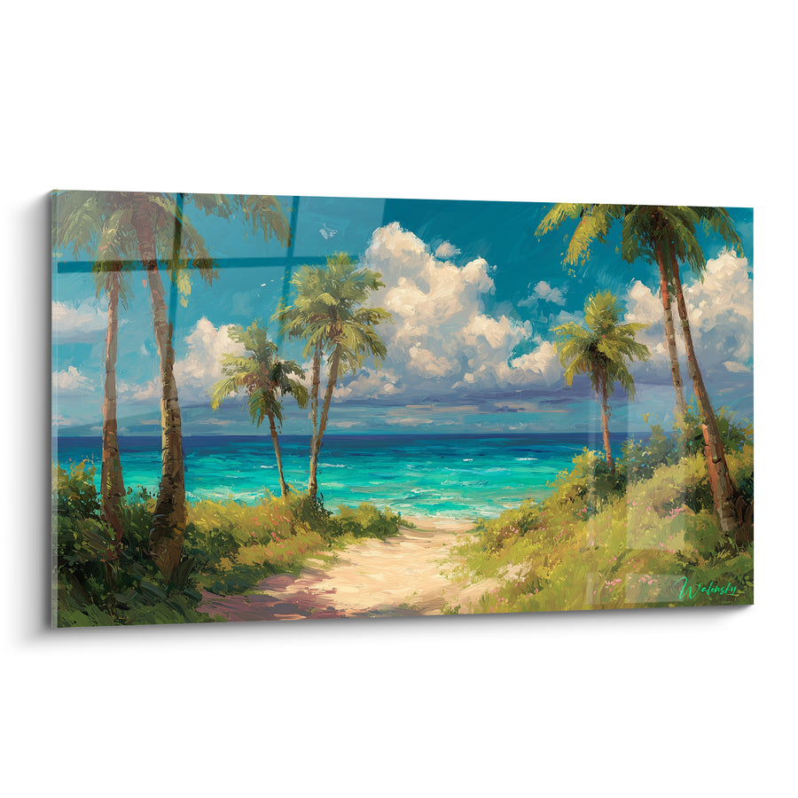 Tableau Palmiers verts et bleu turquoise bordant un sentier sablonneux - Nuages blancs cotonneux - Edition Palmier
