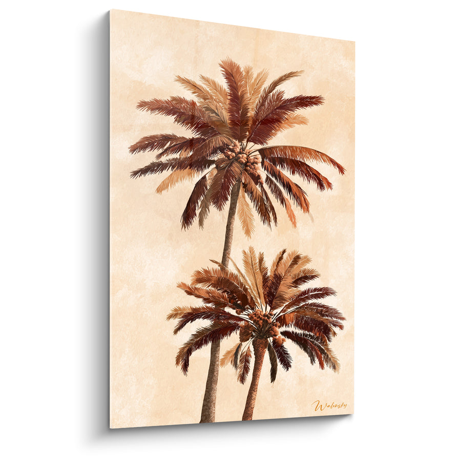 Tableau Palmiers dattiers brun et beige aux grappes de dattes - Fond parchemin ancien - Edition Palmier