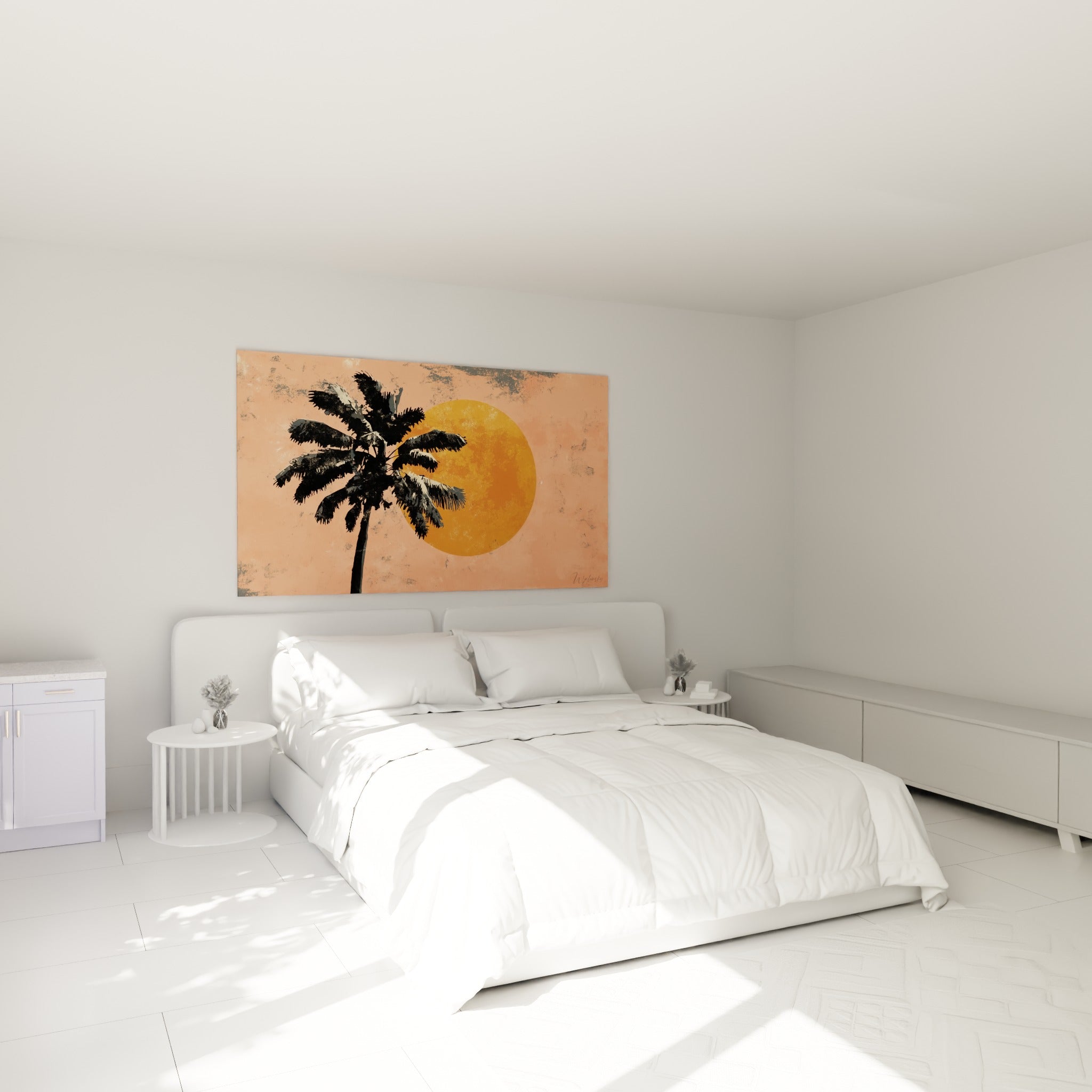 Silhouette de palmier anthracite et soleil doré au-dessus d'un lit dans une chambre claire