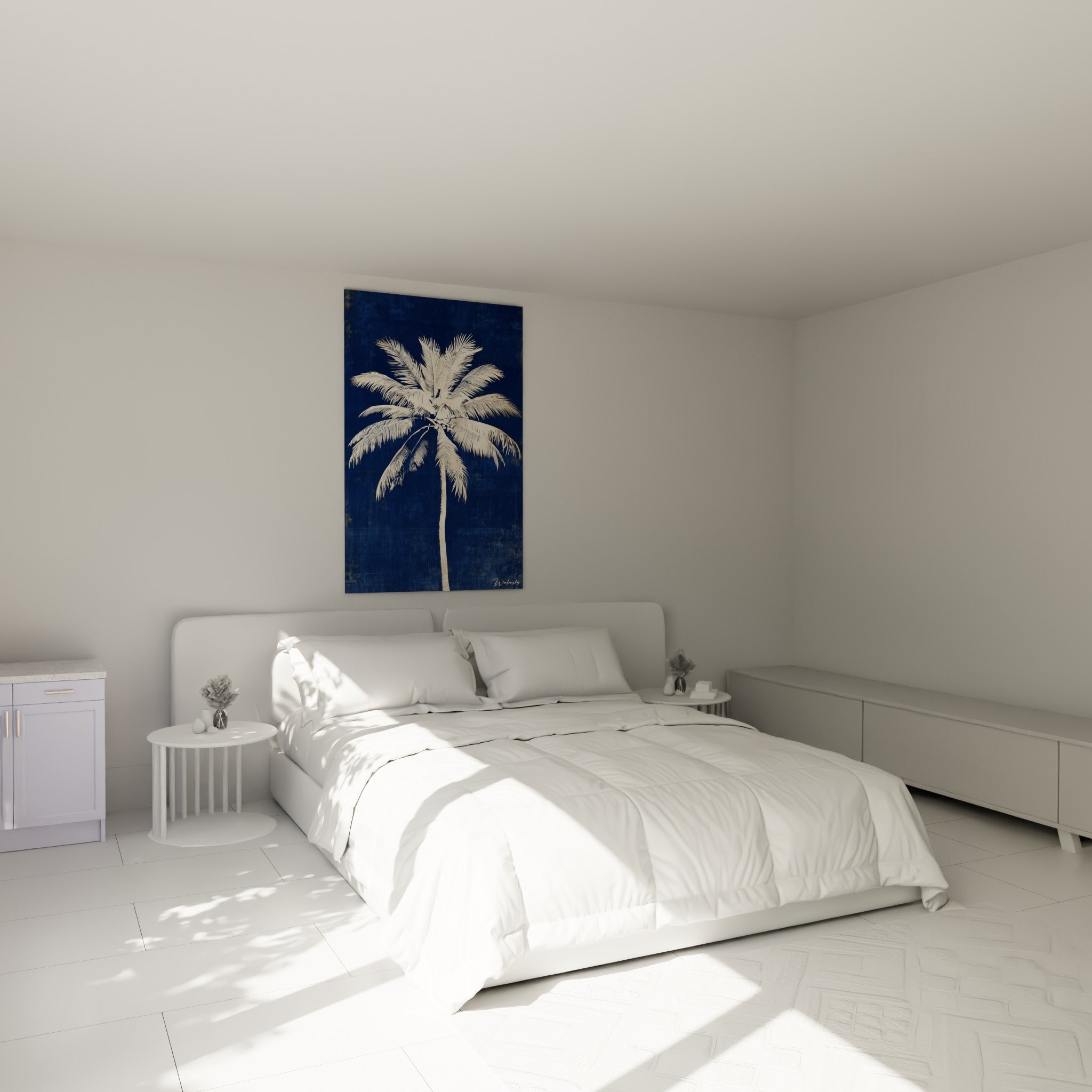 Silhouette de palmier ivoire et bleu marine accrochée au-dessus d'un lit dans une chambre claire