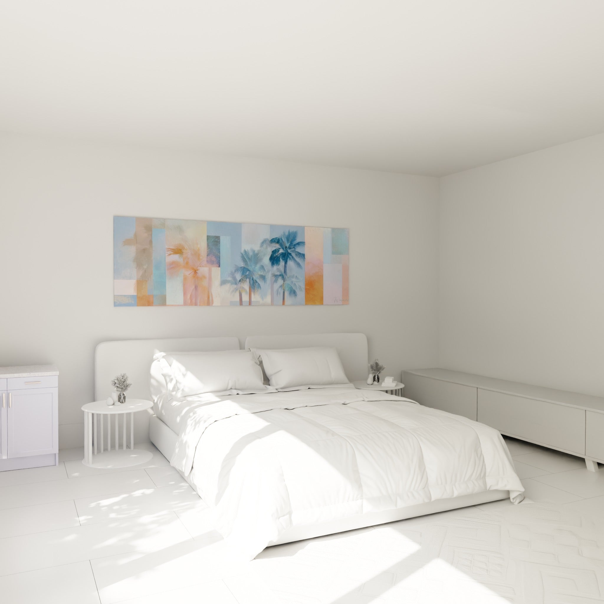 Silhouettes de palmiers bleutés et orangés au-dessus d'un lit dans une chambre claire