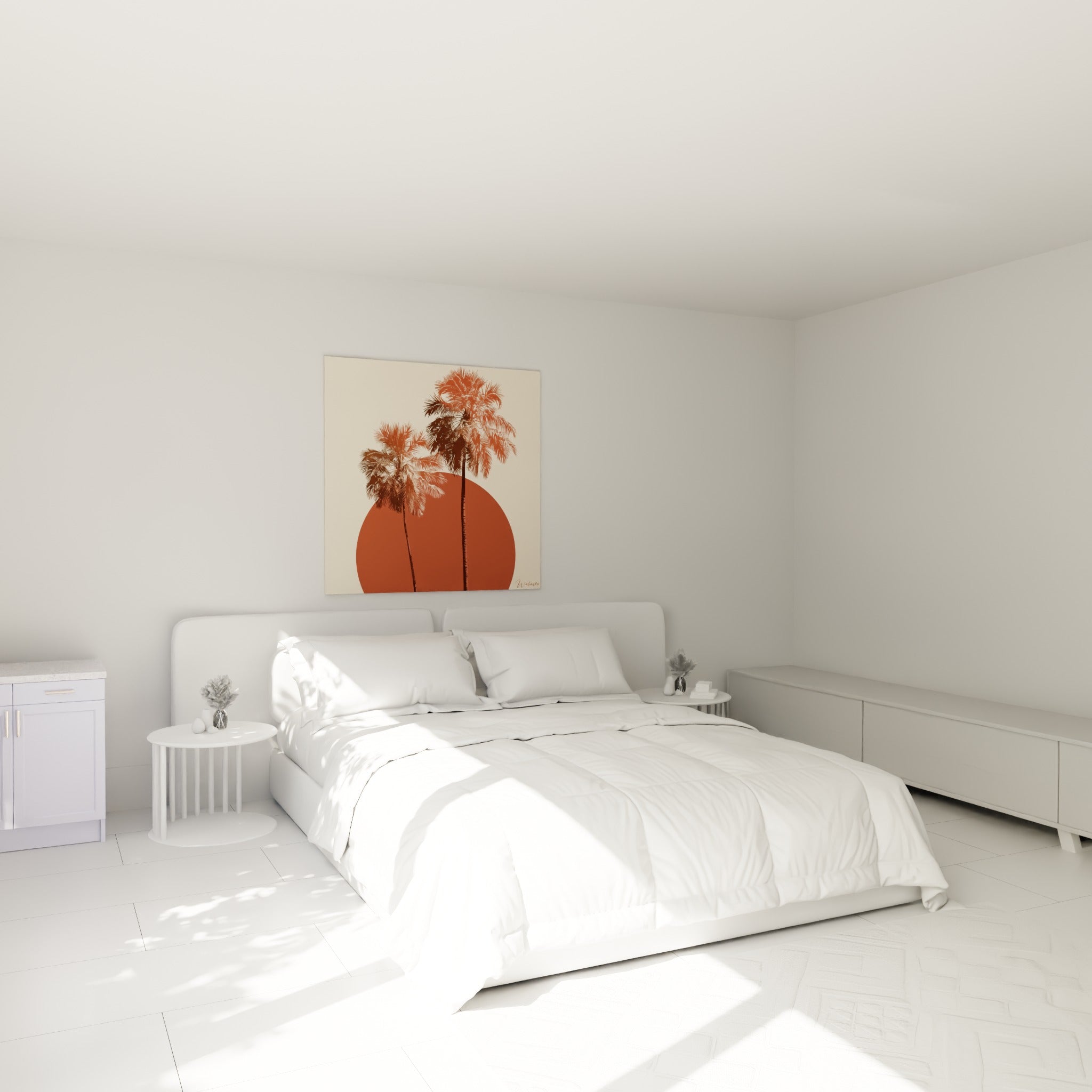 Silhouettes de palmiers rouille et bruns devant un soleil terracotta, au-dessus d'un lit dans une chambre claire