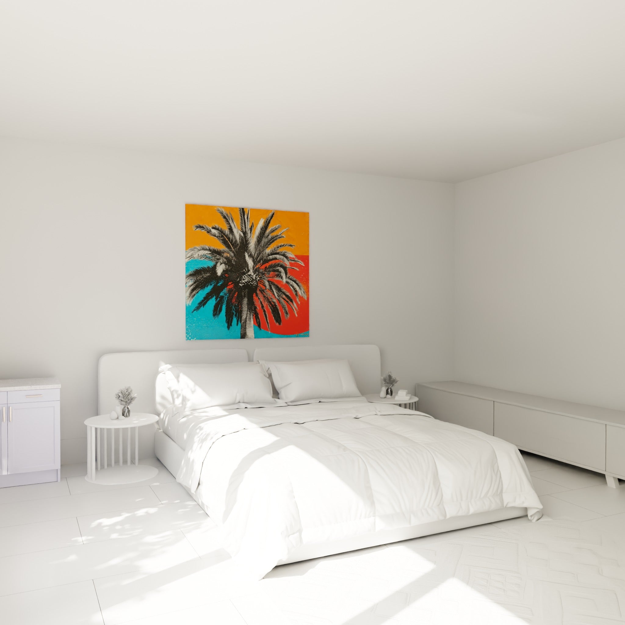 Silhouette de palmier noir et blanc sur fond orange, au-dessus d'un lit dans une chambre claire