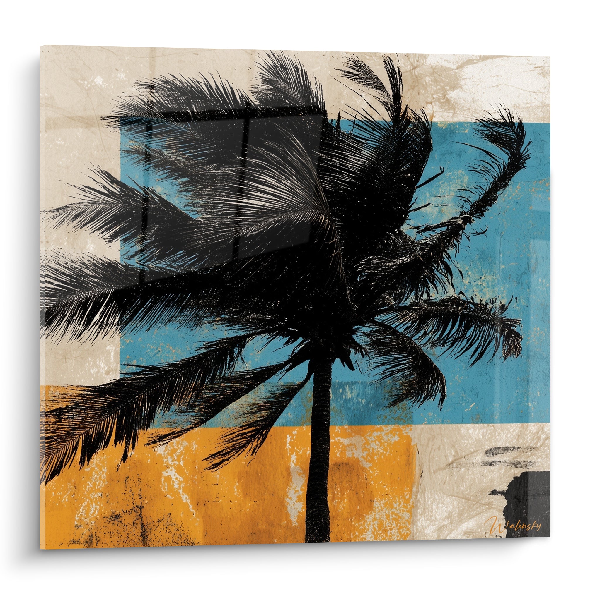 Palmier noir découpé sur fond bleu pétrole et orange brûlé, style graphique rétro texturé